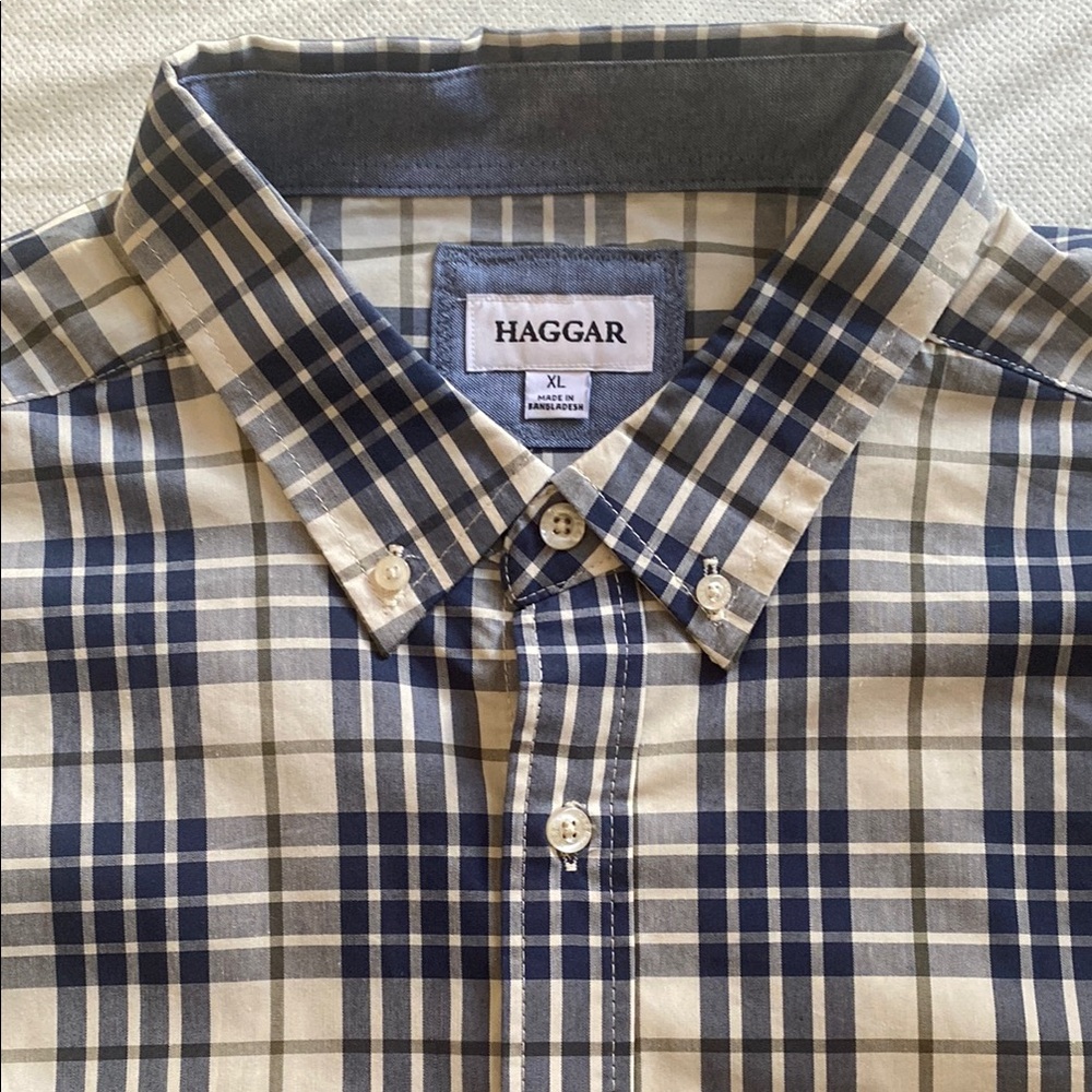 Haggar Men's Blue and White Plaid Shirt